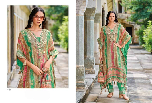 Regal Multi-Colored Heavy Chinon Kaftan Set with Green Lower