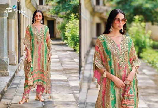 Elegant Multicolor Heavy Chinon Kaftan Set with Pink Lower