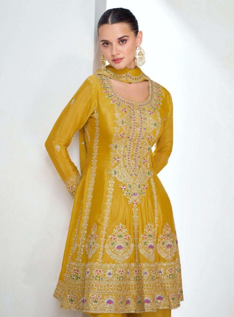 Elegant Yellow Chinnon Silk Sharara Suit