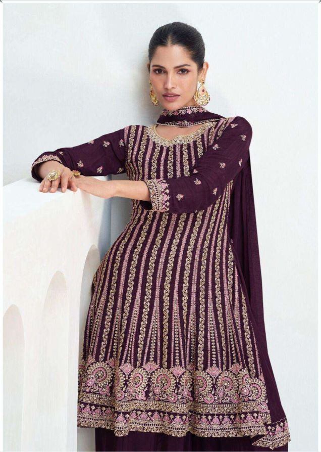 Elegant Dark Maroon Chinnon Silk Sharara Suit