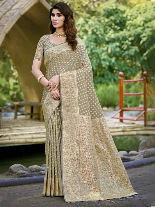 Elegant Pure Silk Saree – Handwoven Banarasi Silk with Zari Work (Beige)