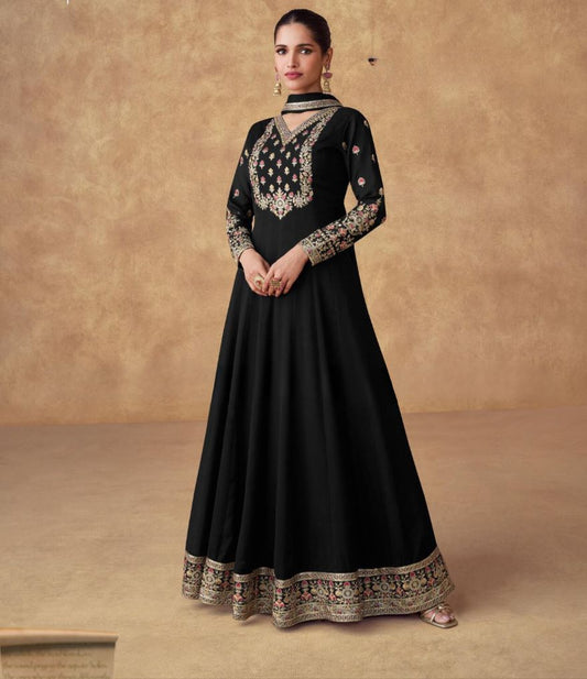 Elegant Black Chinon Silk Gown with Dupatta