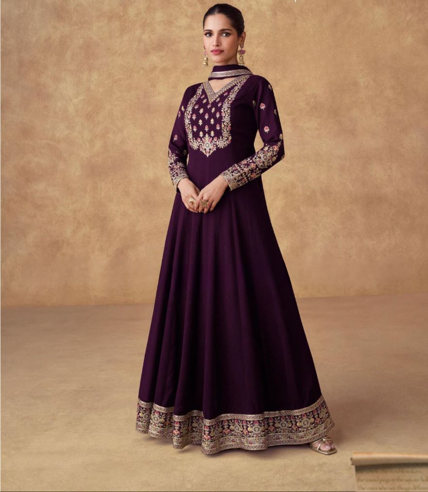 Elegant Purple Chinon Silk Gown with Dupatta