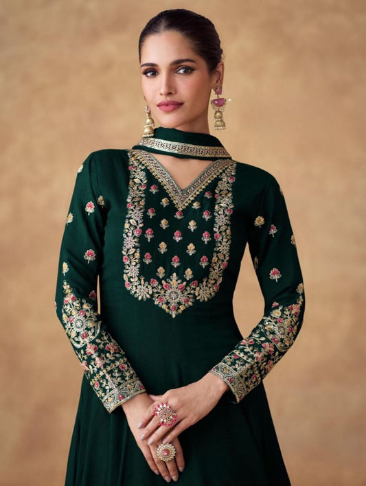 Elegant Green Chinon Silk Gown with Dupatta