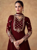 Elegant Maroon Chinon Silk Gown with Dupatta