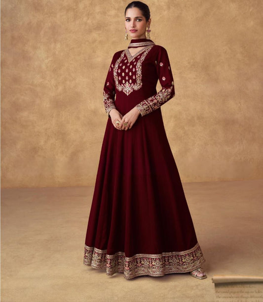 Elegant Maroon Chinon Silk Gown with Dupatta