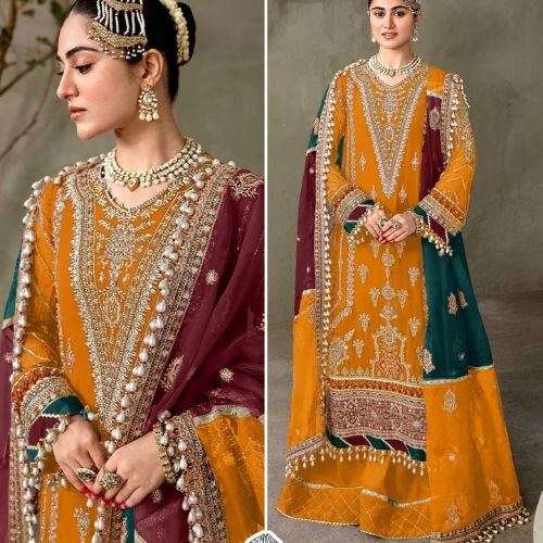 Exquisite Mustard & Maroon Embroidered Georgette Unstitched Pakistani Suit