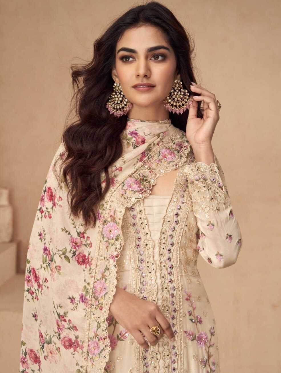 Elegant Beige Chinnon Silk Embroidered Palazzo Suit