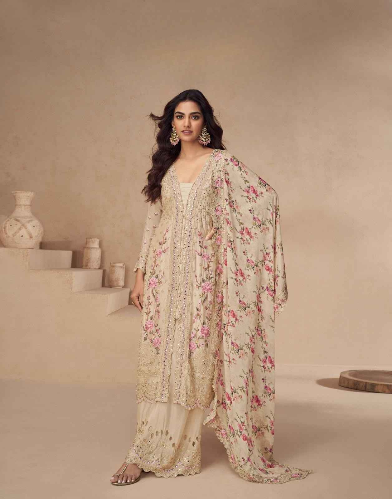 Elegant Beige Chinnon Silk Embroidered Palazzo Suit