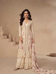 Elegant Beige Chinnon Silk Embroidered Palazzo Suit