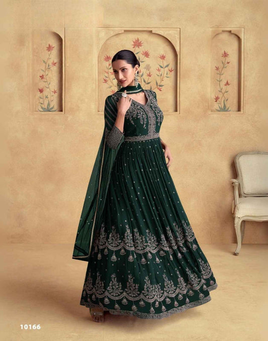 Regal Emerald Green Embroidered Georgette Anarkali Suit