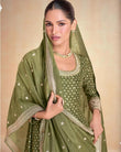 Elegant Olive Green Organza Jacquard Silk Anarkali Suit with Dupatta