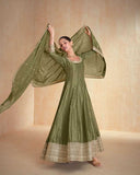 Elegant Olive Green Organza Jacquard Silk Anarkali Suit with Dupatta