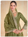 Elegant Olive Green Organza Jacquard Silk Anarkali Suit with Dupatta