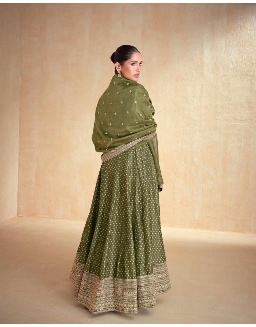 Elegant Olive Green Organza Jacquard Silk Anarkali Suit with Dupatta