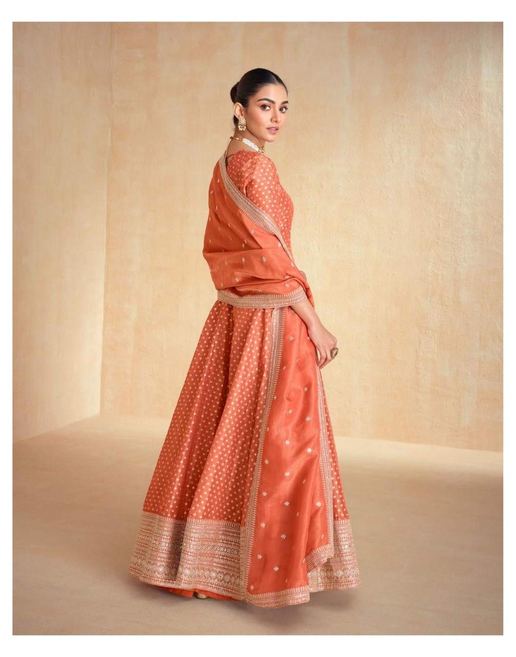 Elegant Rust Orange Organza Jacquard Silk Anarkali Suit with Dupatta