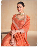 Elegant Rust Orange Organza Jacquard Silk Anarkali Suit with Dupatta