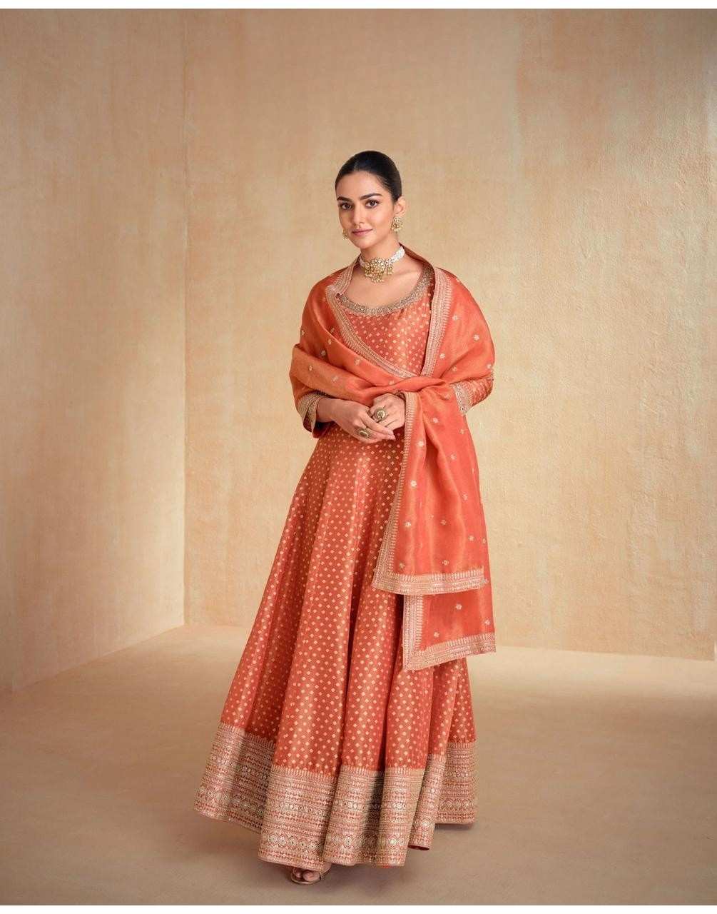 Elegant Rust Orange Organza Jacquard Silk Anarkali Suit with Dupatta