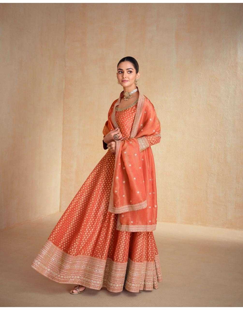 Elegant Rust Orange Organza Jacquard Silk Anarkali Suit with Dupatta