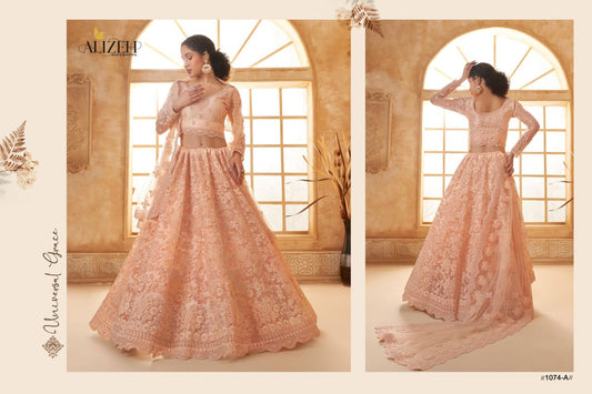 Peach Embroidered Net Lehenga with Stone Work & Dupatta