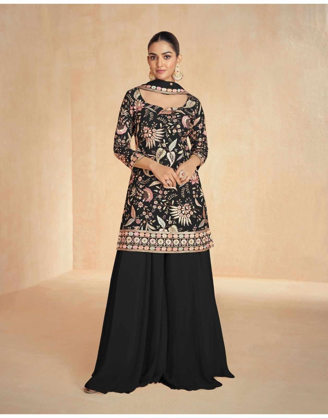 Elegant Black Embroidered Chinnon Sharara Suit