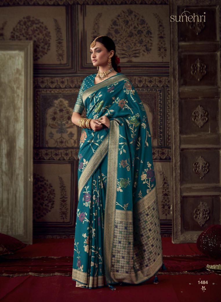 Majestic Teal Dola Silk Saree with Minakari Weaving and Designer Unstitched Blouse