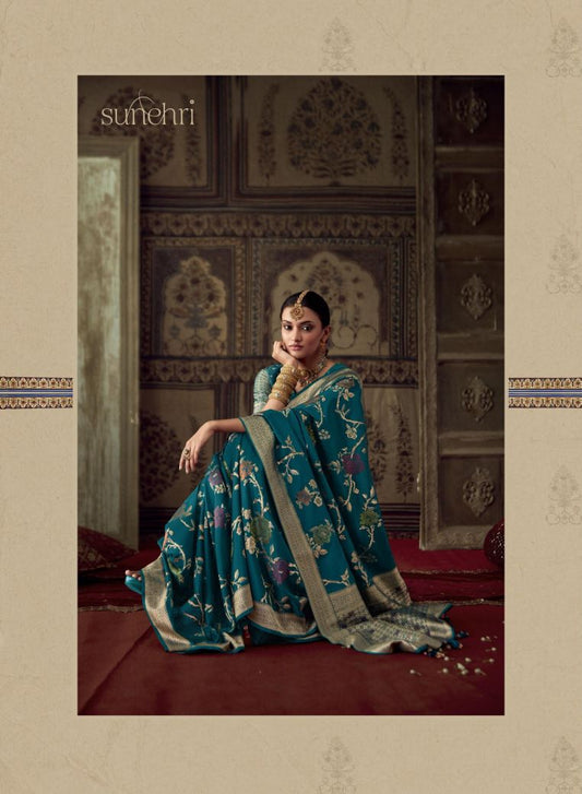 Majestic Teal Dola Silk Saree with Minakari Weaving and Designer Unstitched Blouse