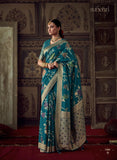 Majestic Teal Dola Silk Saree with Minakari Weaving and Designer Unstitched Blouse