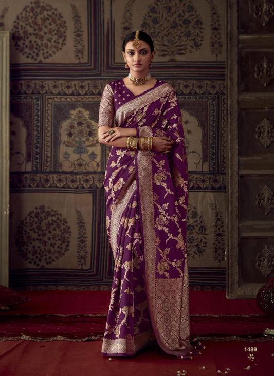 Regal Purple Dola Silk Saree with Minakari Weaving and Designer Unstitched Blouse