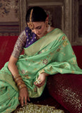 Elegant Pastel Green Dola Silk Saree with Minakari Weaving and Designer Unstitched Blouse