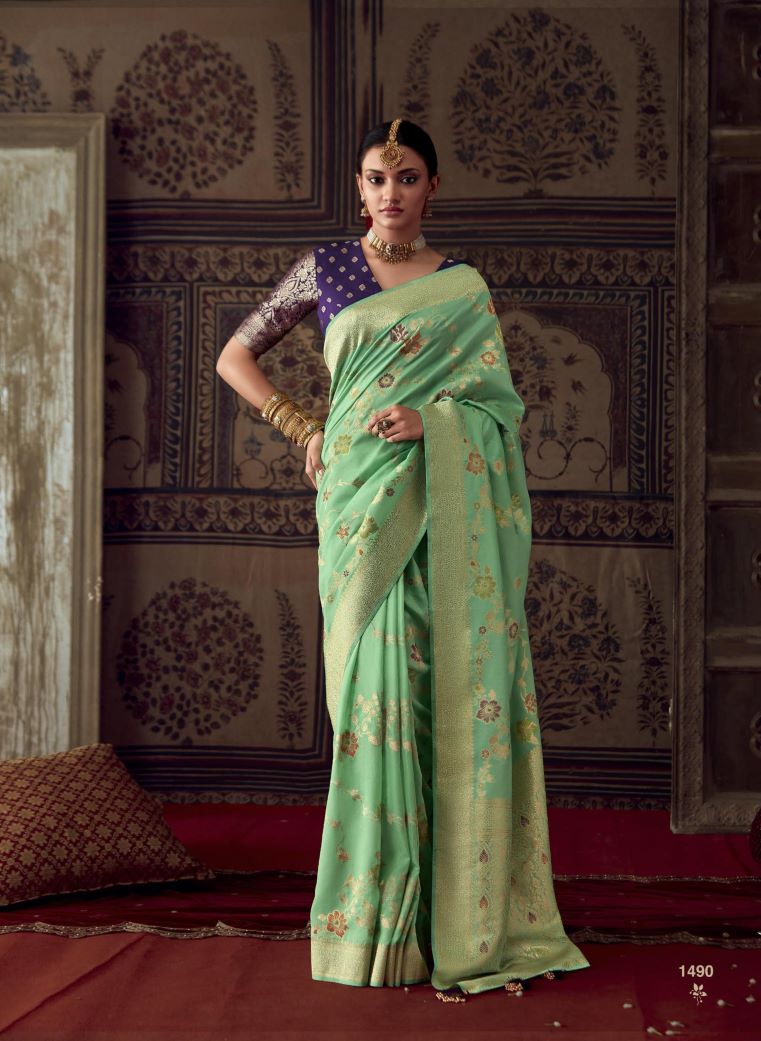 Elegant Pastel Green Dola Silk Saree with Minakari Weaving and Designer Unstitched Blouse