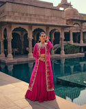 Radiant Fuchsia Pink Chinnon & Georgette Indo-Western Ensemble with Exquisite Embroidery