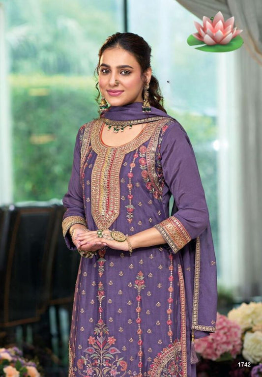 Elegant Purple Chinnon Embroidered Short Shirt Set with Bottom & Dupatta