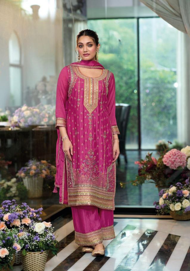 Elegant Pink Chinnon Embroidered Short Shirt Set with Bottom & Dupatta