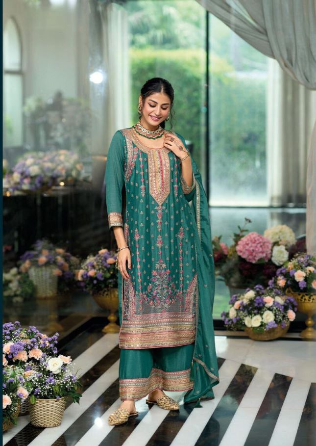 Elegant Green Chinnon Embroidered Short Shirt Set with Bottom & Dupatta