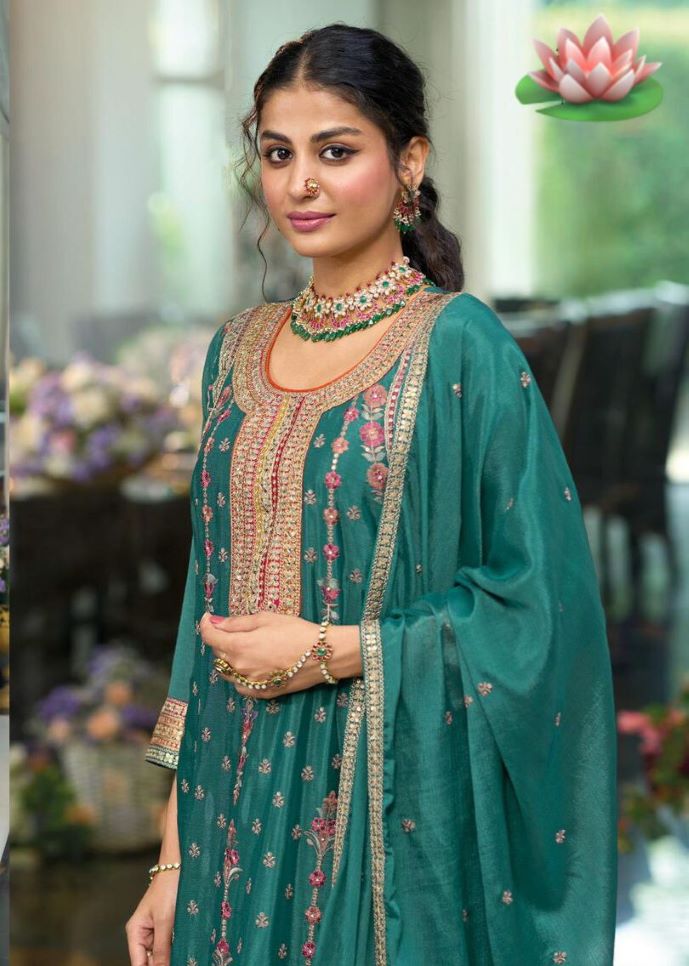 Elegant Green Chinnon Embroidered Short Shirt Set with Bottom & Dupatta