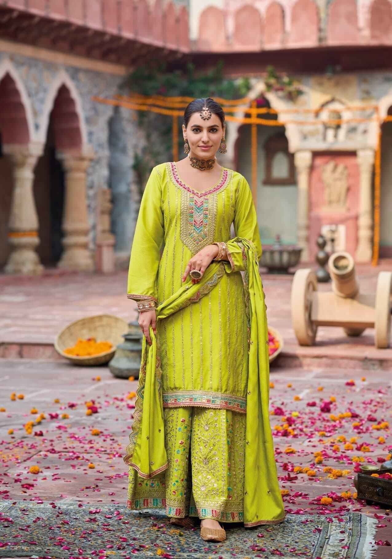 Lime Green Heavy Chinnon Palazzo Suit with Intricate Embroidery