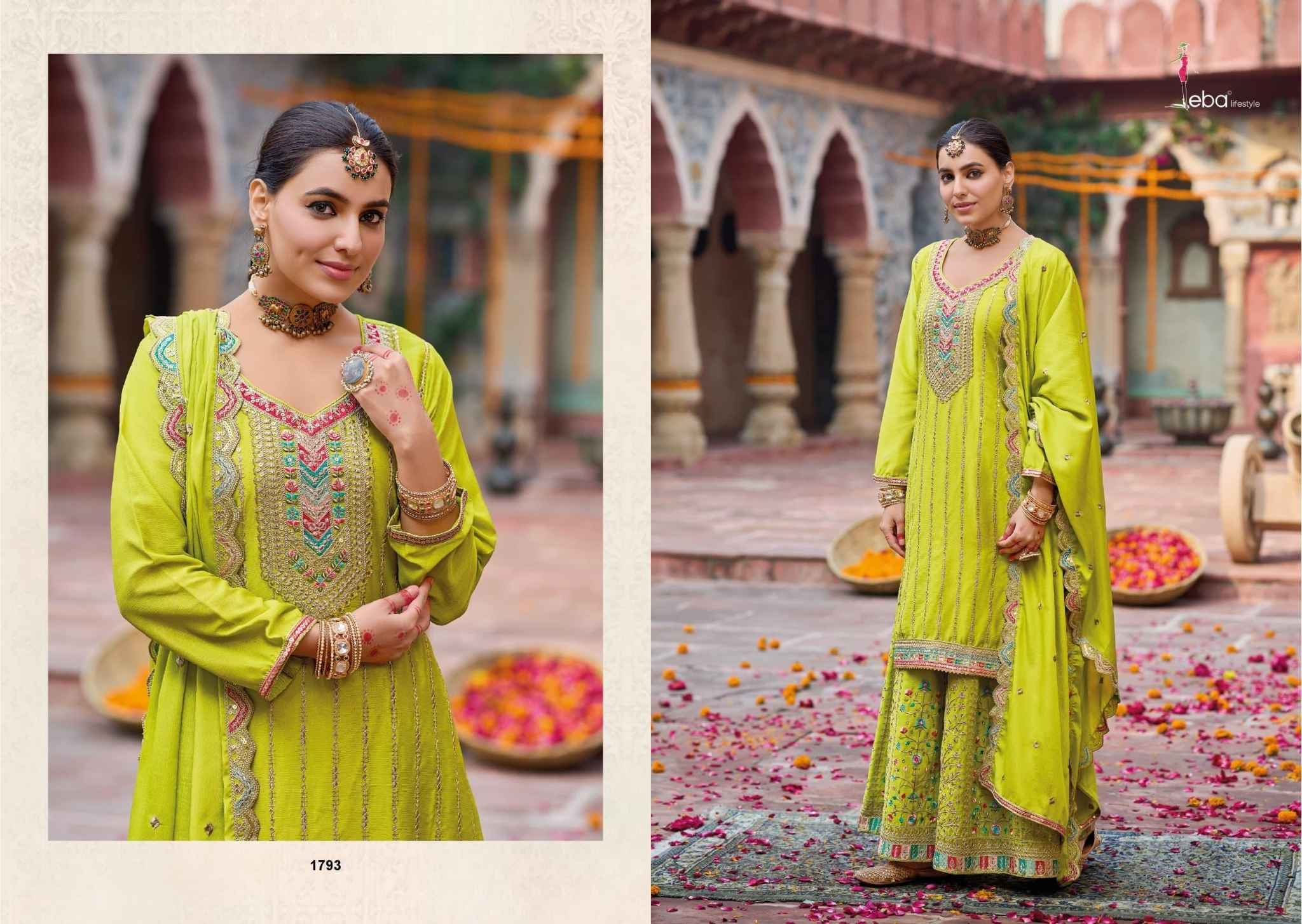 Lime Green Heavy Chinnon Palazzo Suit with Intricate Embroidery