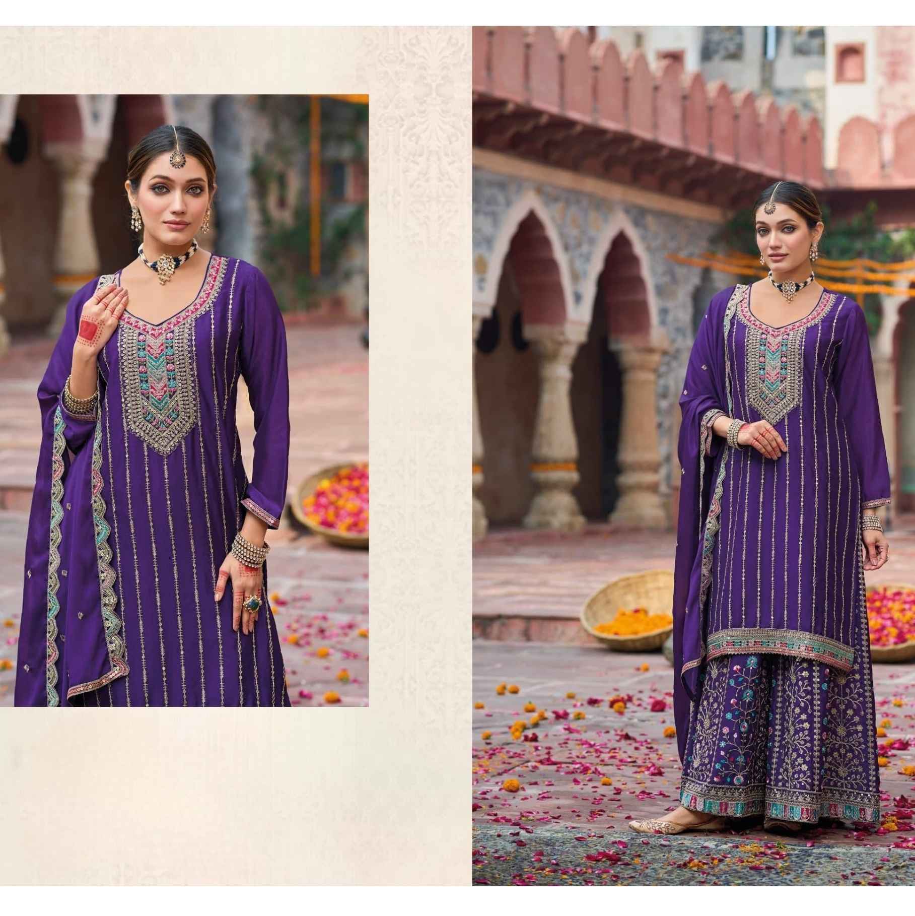 Majestic Purple Heavy Chinnon Embroidered Palazzo Suit