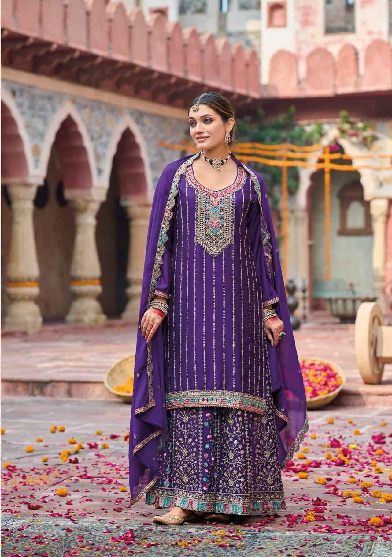 Royal Purple Heavy Chinnon Palazzo Suit with Intricate Embroidery