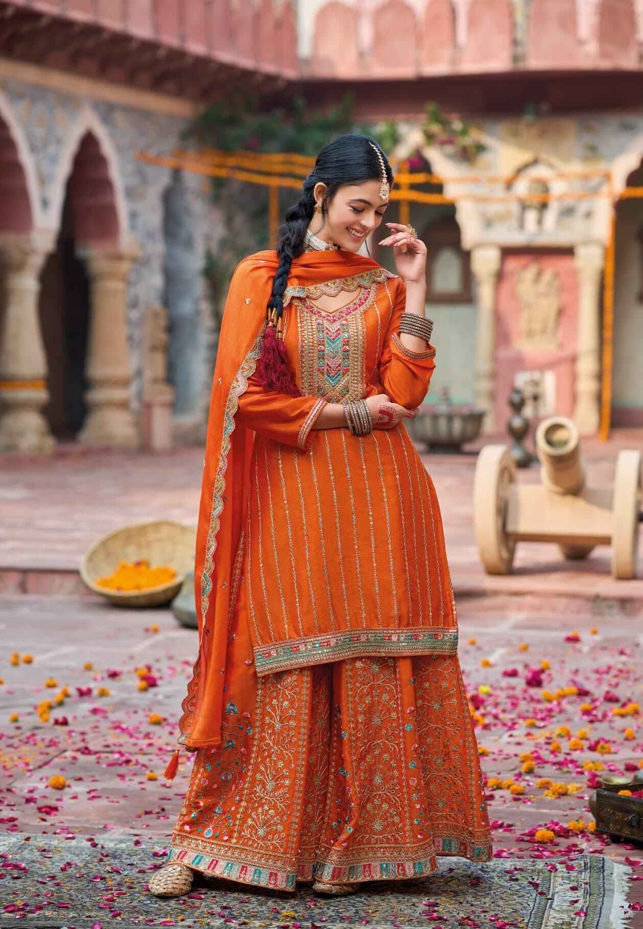 Burnt Orange Heavy Chinnon Palazzo Suit with Intricate Embroidery