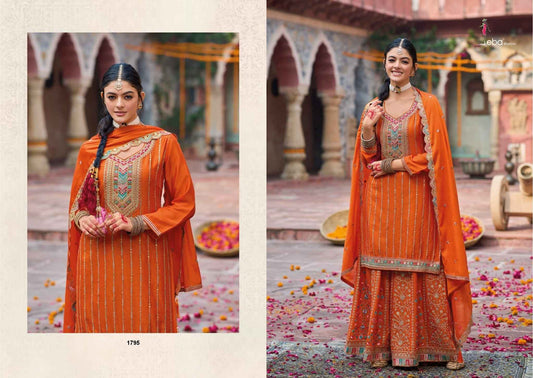 Burnt Orange Heavy Chinnon Palazzo Suit with Intricate Embroidery