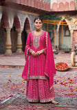 Embroidered Chinnon Palazzo Suit in Rani Pink