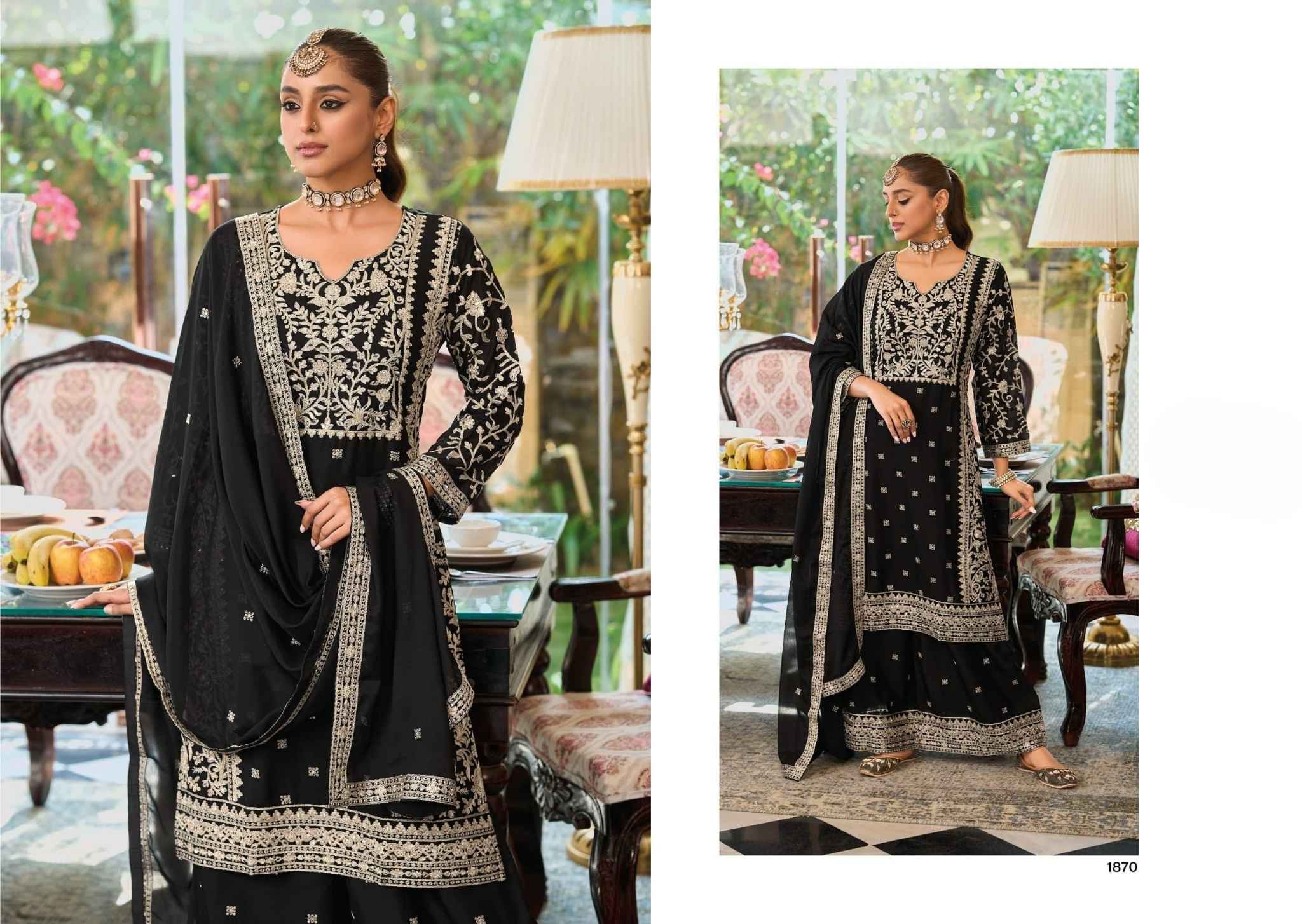 Black Chinon Palazzo Set with Intricate White Thread Embroidery