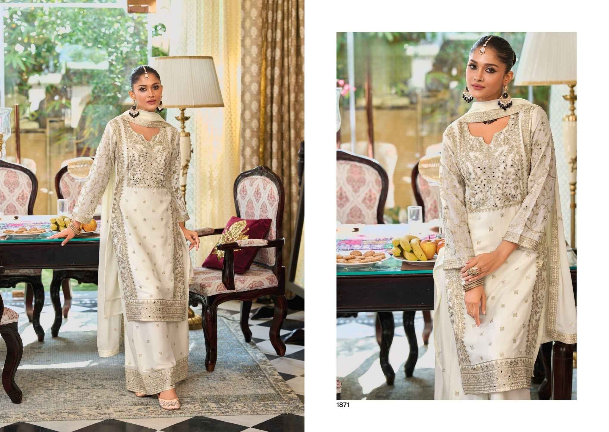 Ivory White Chinon Palazzo Suit with Exquisite Embroidery