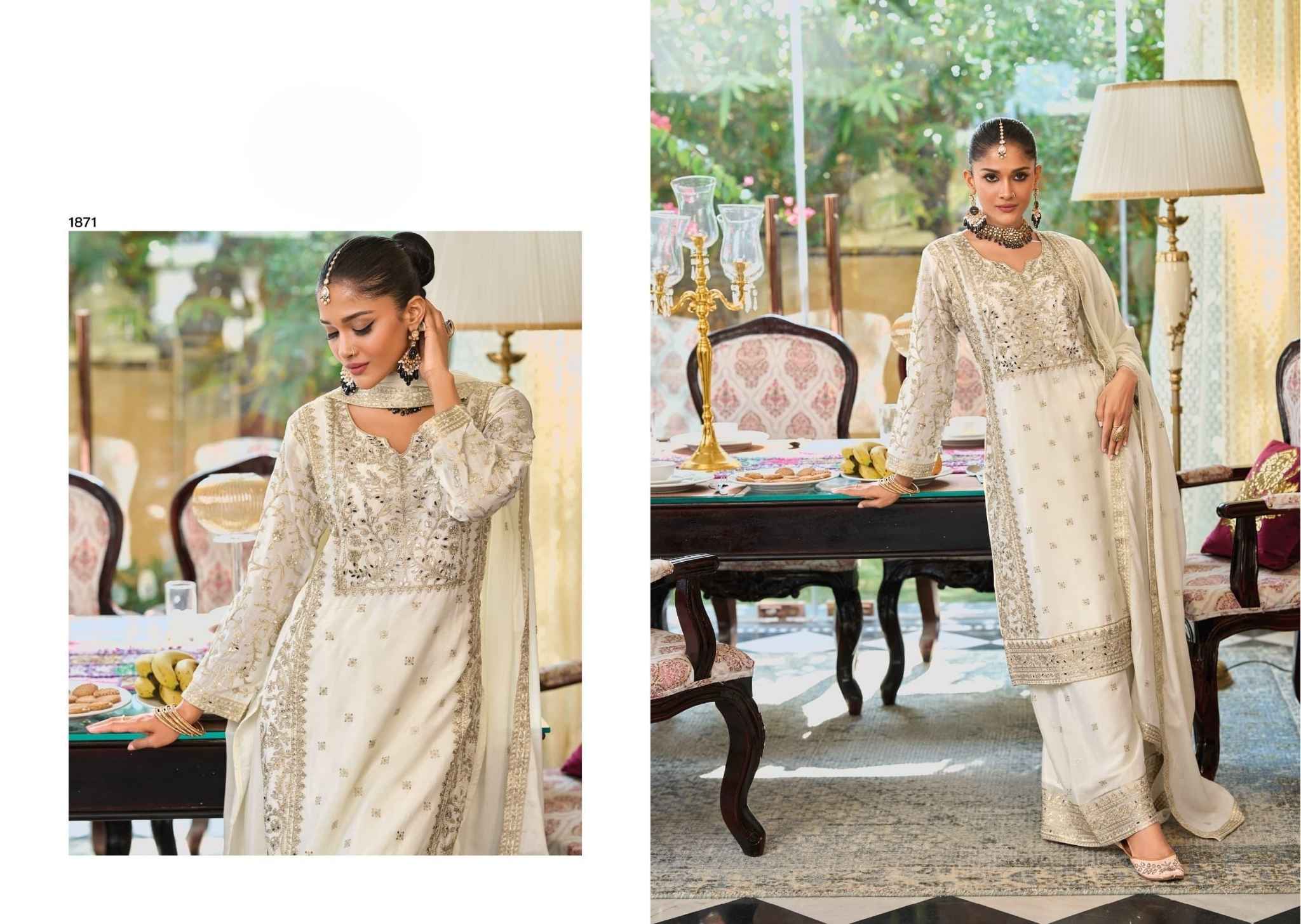 Ivory White Chinon Palazzo Suit with Exquisite Embroidery