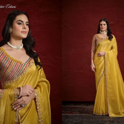 Elegant Yellow Crush Paper Silk Saree with Handwork and Stitched Embroidery Blouse