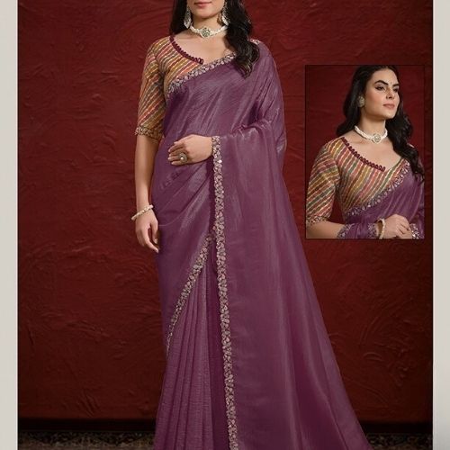 Majestic Mauve Crush Paper Silk Saree with Handwork and Rangkat Embroidered Stitched Blouse