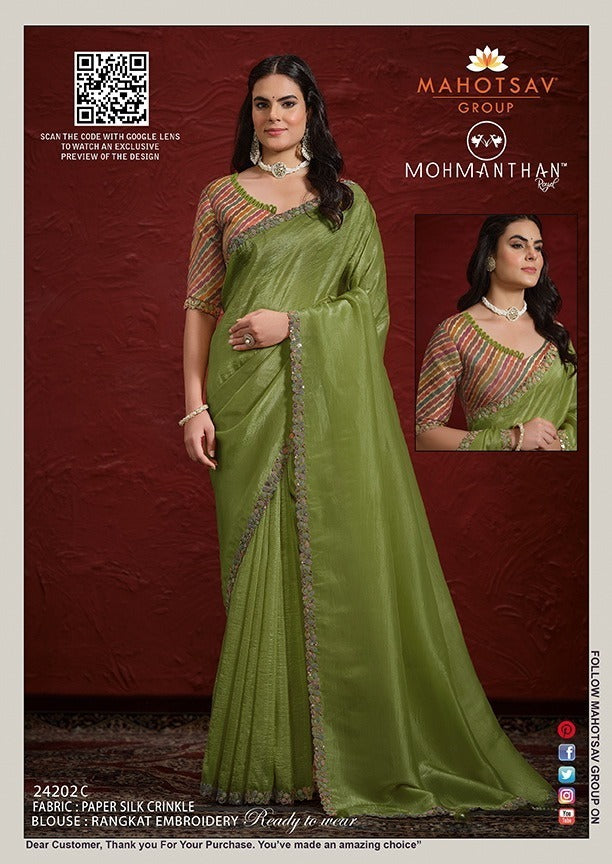 Enchanting Olive Green Crush Paper Silk Saree with Rangkat Embroidered Stitched Blouse