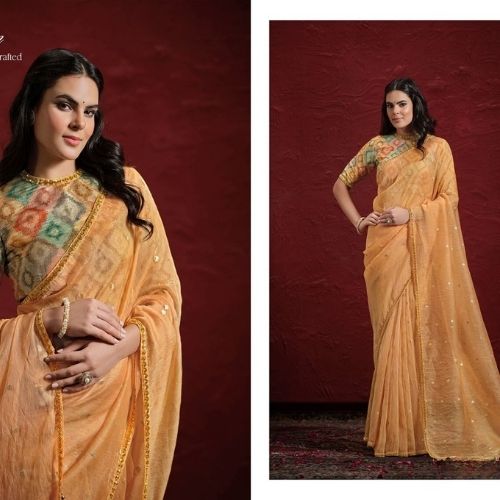 Elegant Yellow Crush Paper Silk Saree with Handwork and Rangkat Embroidered Blouse